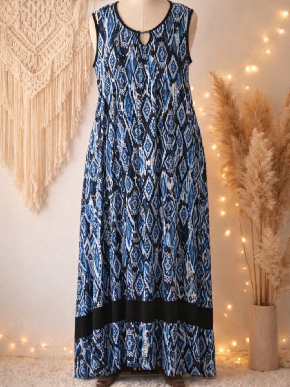 Avenue Blue Geometric Sharkbite Maxi Dress Plus 26/28 Boho Resort Chic Summer